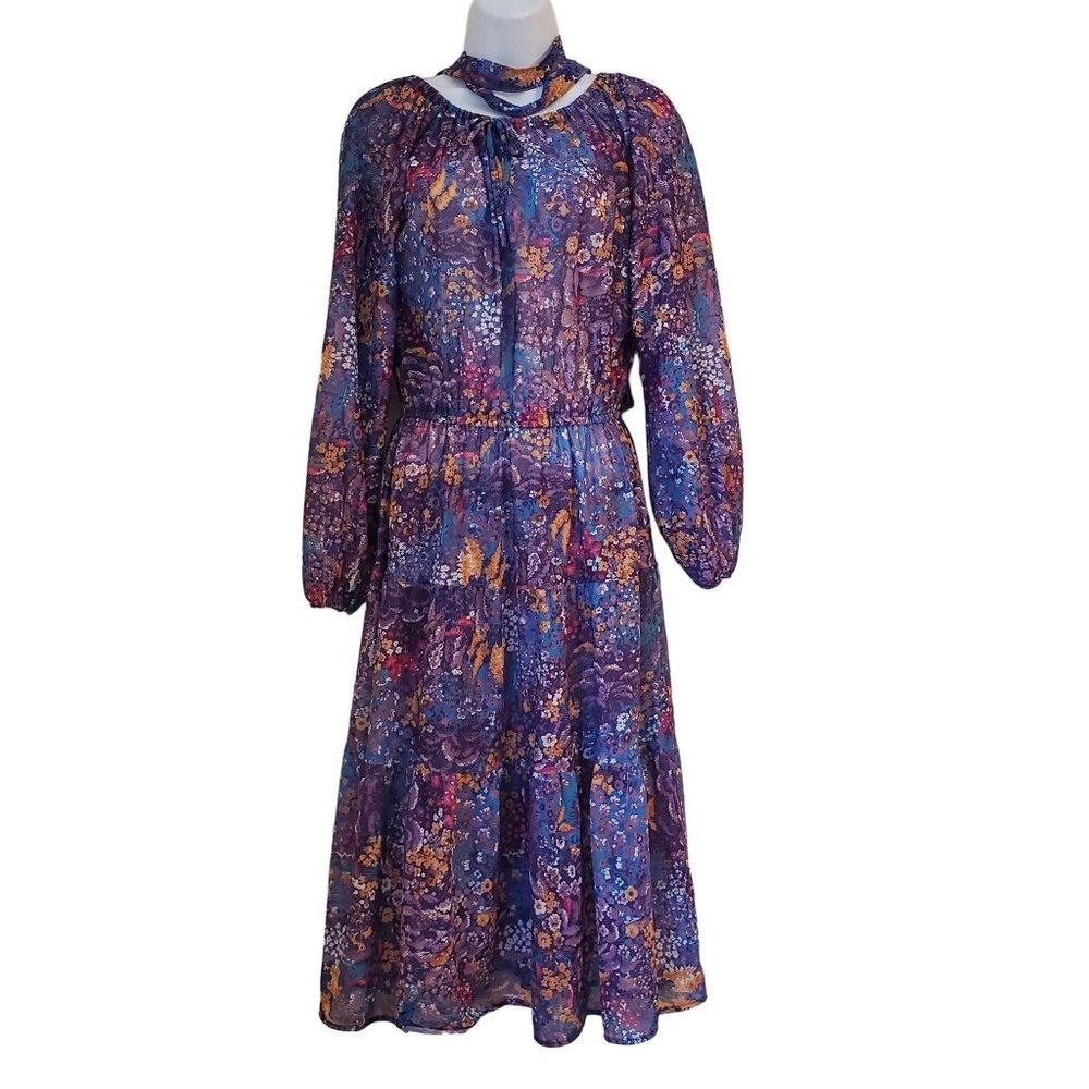 Montgomery Ward Vintage Purple Floral Belted Dress Semi Sheer Tiered Modest Cosp